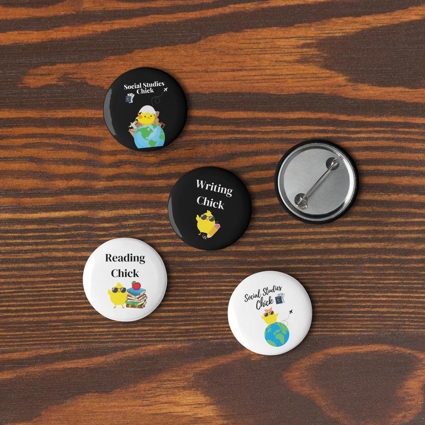 Reading, Writing, and Social Studies Chick Pin Buttons(Set of 5)