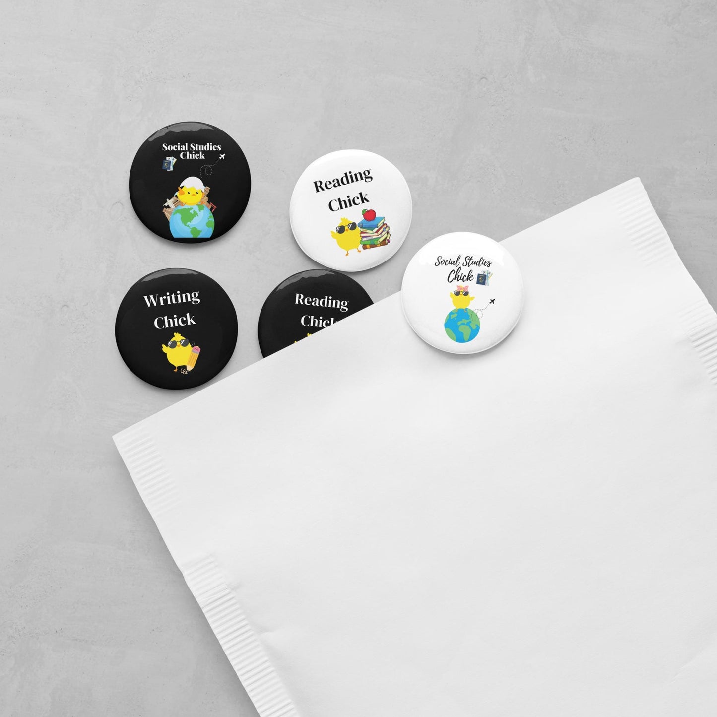 Reading, Writing, and Social Studies Chick Pin Buttons(Set of 5)