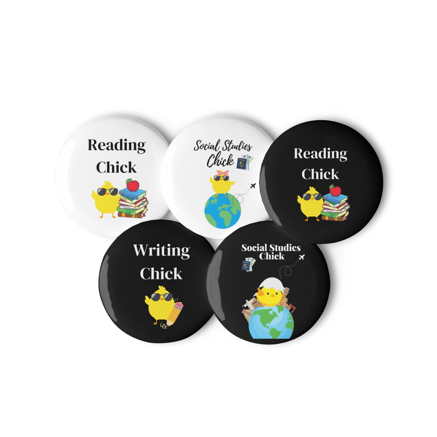 Reading, Writing, and Social Studies Chick Pin Buttons(Set of 5)