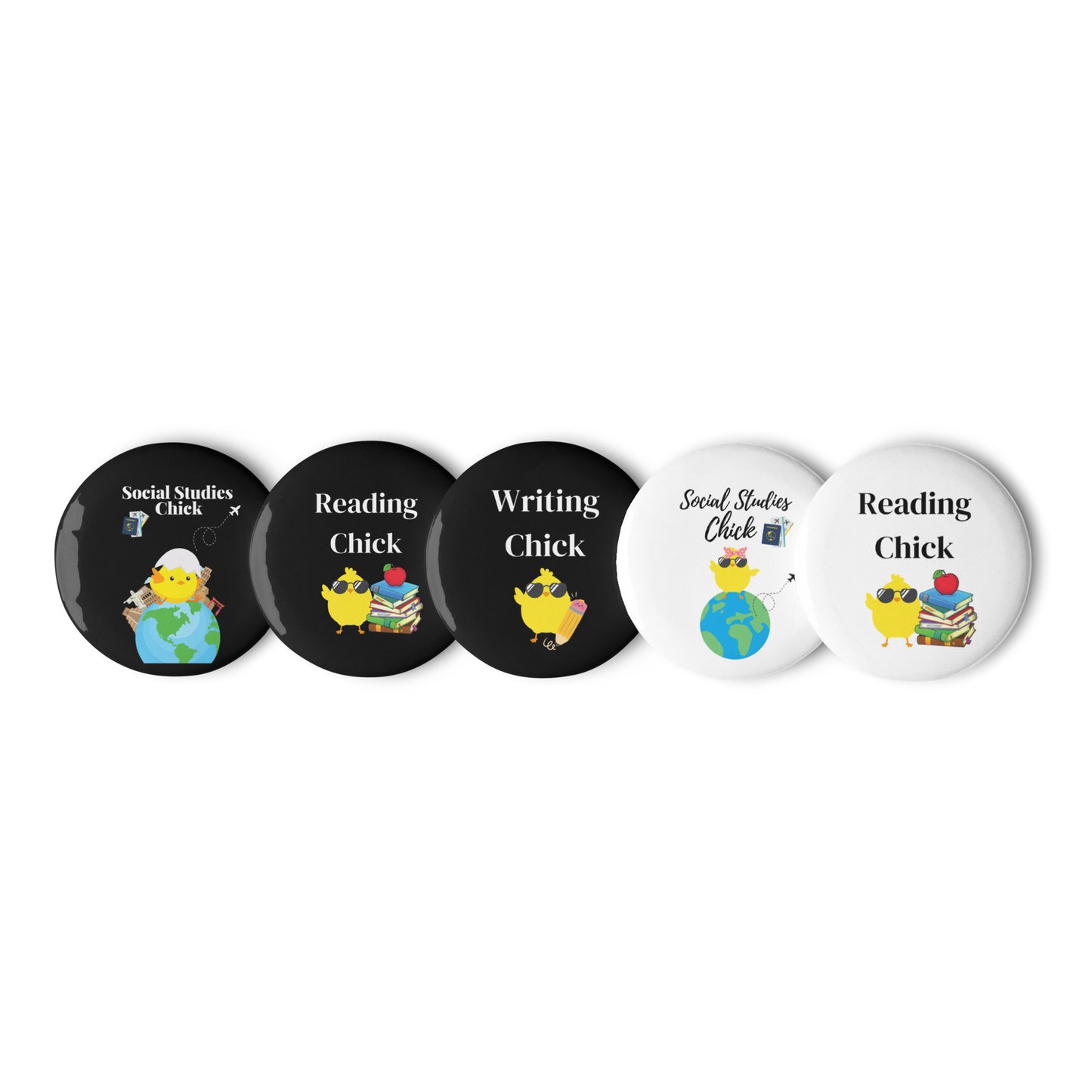 Reading, Writing, and Social Studies Chick Pin Buttons(Set of 5)