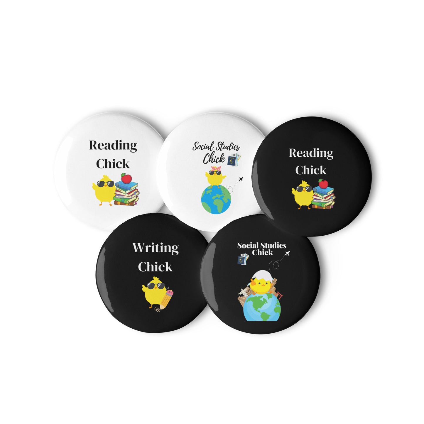 Reading, Writing, and Social Studies Chick Pin Buttons(Set of 5)