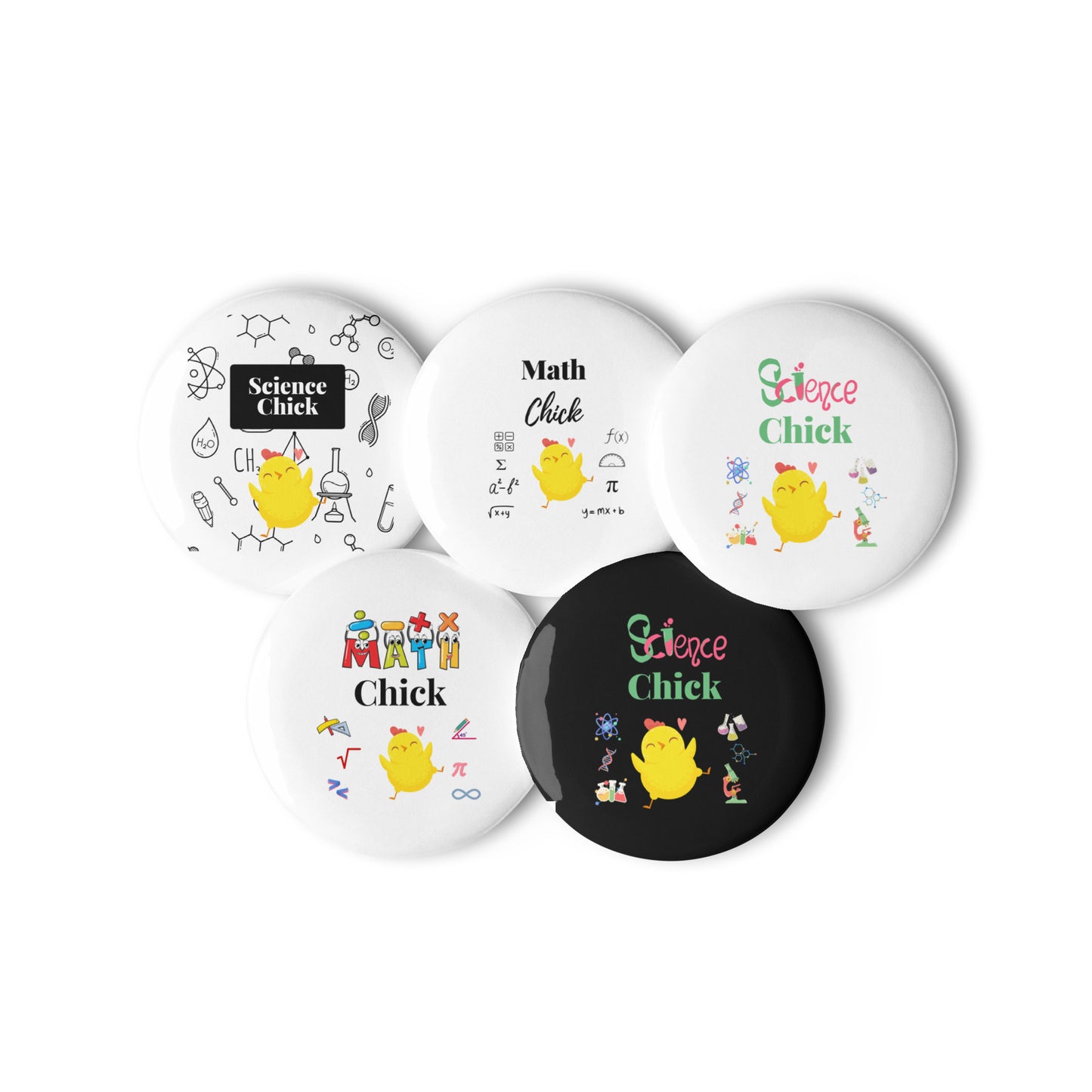 Science and Math Chick Pin Buttons (Set of 5)