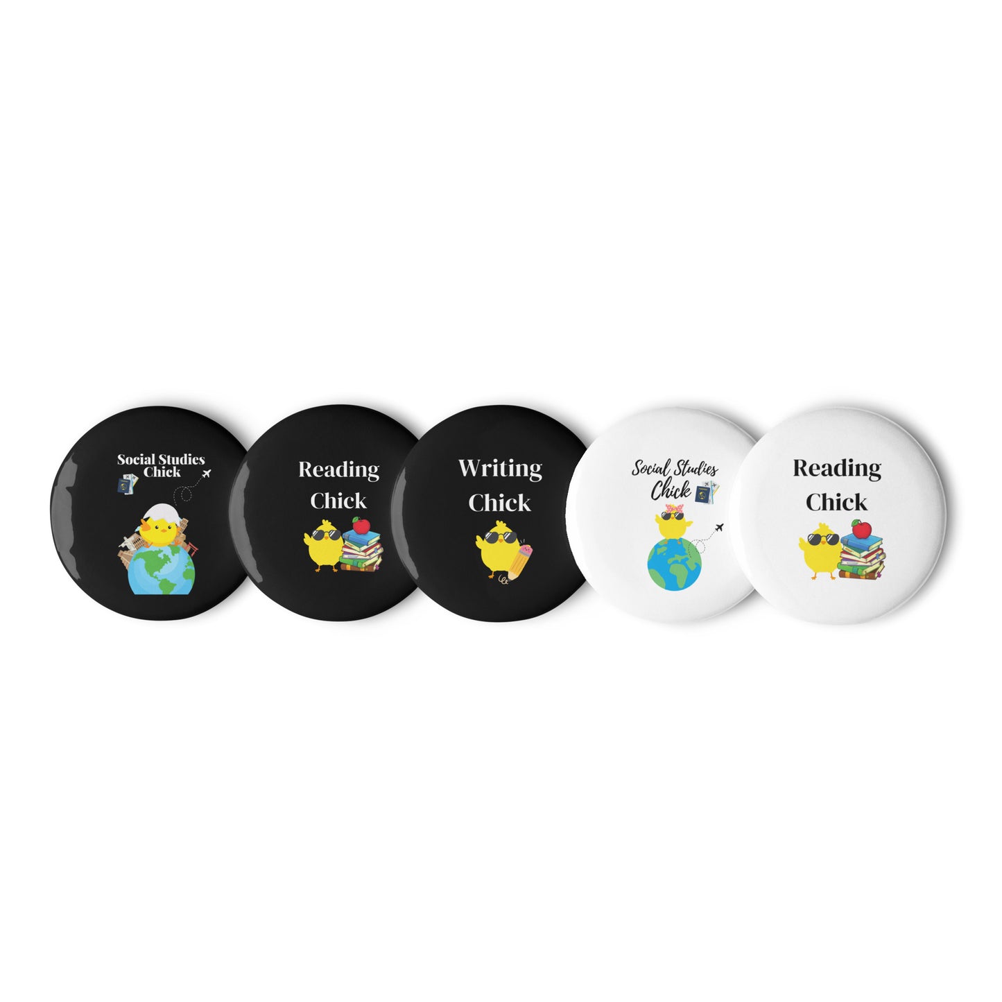 Reading, Writing, and Social Studies Chick Pin Buttons(Set of 5)